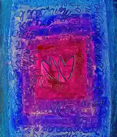 Opera di Valentina Mammana: quadrati concentrici blu e magenta ricoperti di scritte sull'amore, con due cuori stilizzati al centro